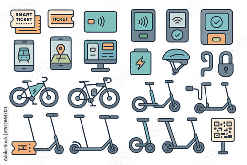 Smart transport icon set with e-bikes, scooters, and mobile tickets