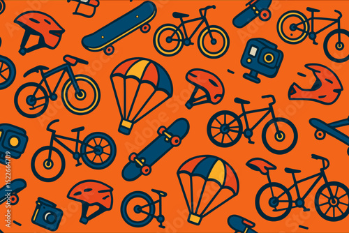 Seamless pattern of action sports gear with bikes, helmets, and parachutes