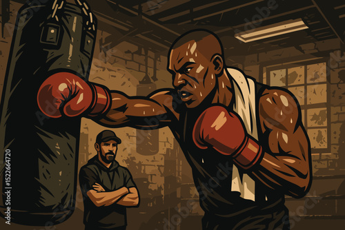 Boxer training with a punching bag in a gritty gym setting during an evening workout