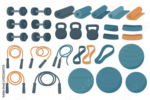 Seamless pattern of gym equipment including dumbbells, mats, and ropes