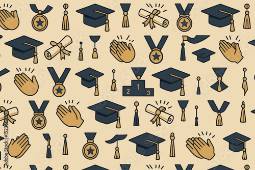 Academic celebration pattern with caps, diplomas, and medals