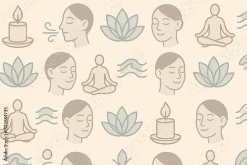 Wellness patterns showcasing relaxation, meditation, and tranquility in a serene design for mindfulness environments