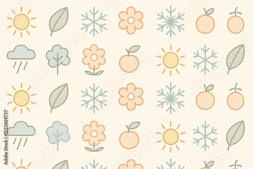 Weather-themed decorative pattern featuring sun, snowflakes, flowers, and leaves in pastel colors on a light background