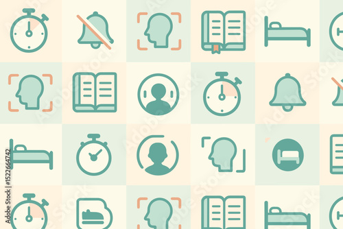Collection of simple icons representing time management, wellness, and personal development activities