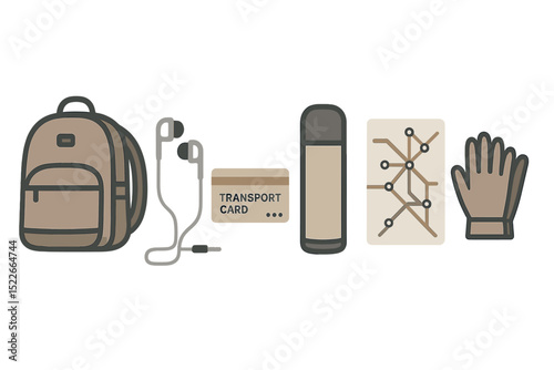 Essentials for commuting in a busy city during autumn with a backpack and travel accessories