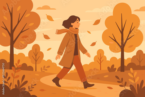 Walking in a serene autumn landscape with falling leaves and warm colors in a park during the golden hour