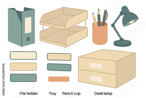 Organized desk setup with file holder, tray, pencil cup, and desk lamp in a modern workspace