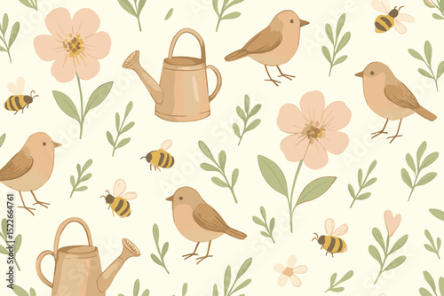 Charming spring pattern featuring birds, flowers, watering can, and bees in a delicate nature scene