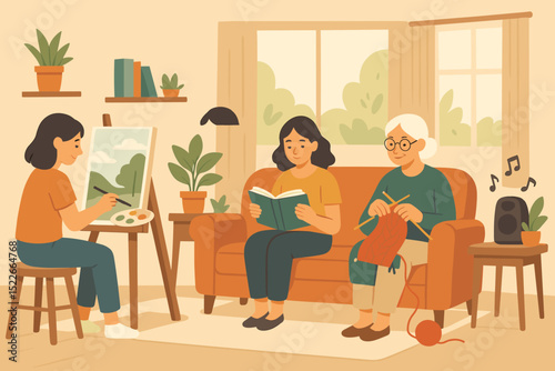 Relaxing afternoon involving painting, reading, and knitting among friends in a cozy living room