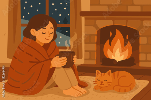 Cozy evening at home with a warm drink and a cat by the fireplace during winter