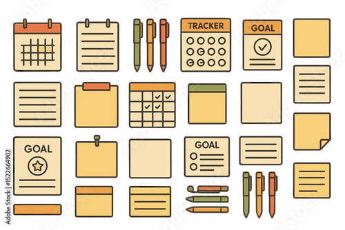 Collection of planning tools and stationery for effective organization and goal tracking in various colors and styles