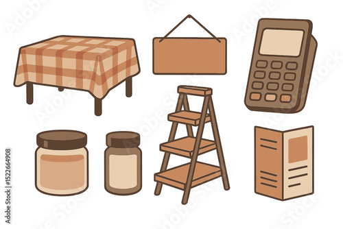 Interior setting with a checkered table, jars, and a wooden shelf showcasing a cozy atmosphere for a small eatery
