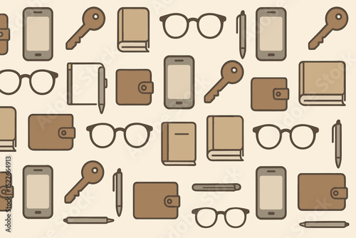 Flat lay of essential everyday items including keys, glasses, and notebooks arranged on a neutral background