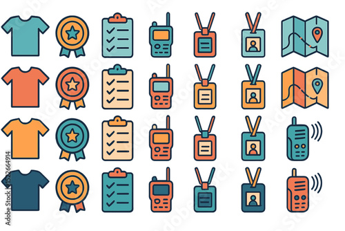 Icons representing various activities and items related to events, identification, and communication in vibrant colors