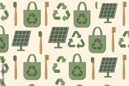 Creative illustration of eco-friendly symbols with solar panels, recycling signs, and sustainable items displayed on a light background