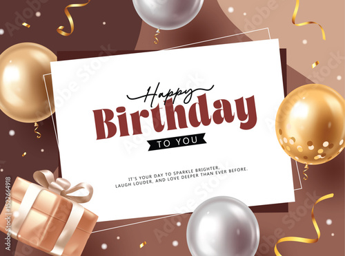 Chic Birthday Card with Golden Balloons, Gift Box, and Warm Wishes. Stylish Birthday Card Design with Gold and Silver Balloons, A Gift Box, and a Heartfelt Birthday Message in Abstract Background.