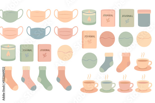 Cozy wellness icon set with candles, journals, socks, and tea