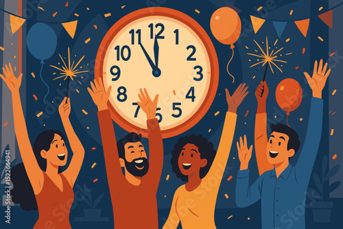 Friends celebrate New Year?s Eve with joy, confetti, and decorations in a lively indoor setting at midnight