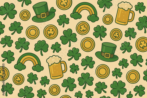 Festive pattern featuring shamrocks, beer mugs, pots of gold, and leprechaun hats for St. Patrick's Day celebration