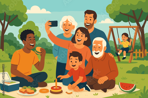 Family picnic in a park enjoying food, laughter, and capturing memories on a sunny day