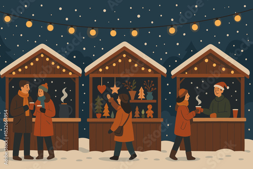 Winter market features festive stalls and cheerful visitors enjoying seasonal treats during a snowy evening