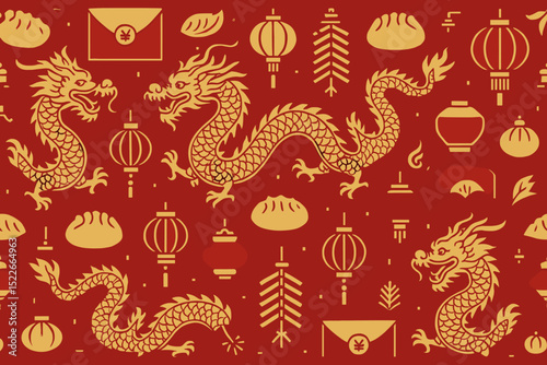 Decorative pattern featuring dragons and traditional symbols on a red background for cultural celebration
