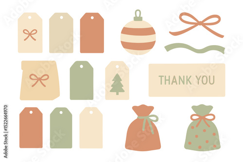 Colorful holiday gift tags and decorations arranged on a white background for festive gifting and celebration