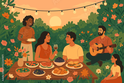 Friends gather for an outdoor picnic at sunset with food, drinks, and music in a vibrant garden setting