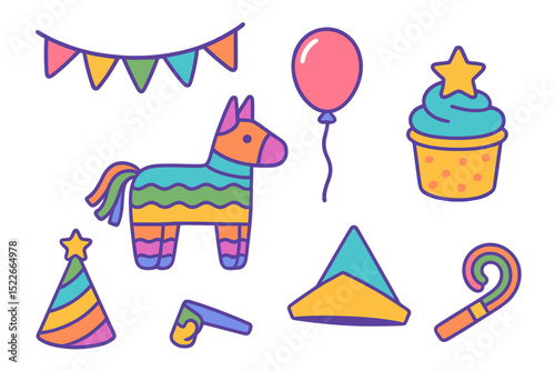 Colorful party decorations featuring a pinata, balloons, and cupcakes for a festive celebration
