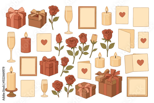 Decorative elements for celebration with gifts, flowers, and elegant tableware in soft colors