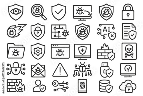 Collection of cybersecurity icons depicting threats, shields, and protective measures in a digital landscape