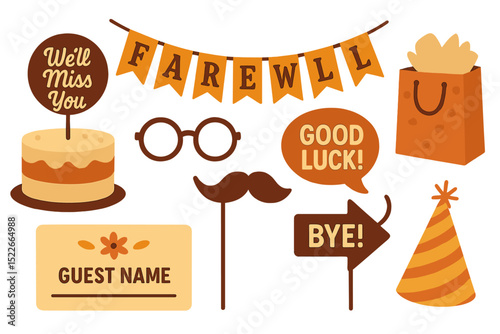 Farewell celebration decorations featuring a cake, banners, and playful props for a memorable goodbye event