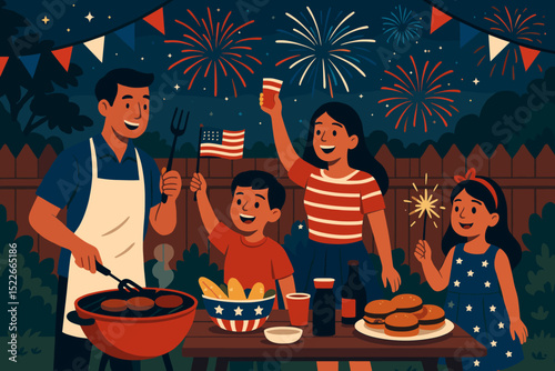 Family celebration with barbecue and fireworks in a backyard during Independence Day festivities at night