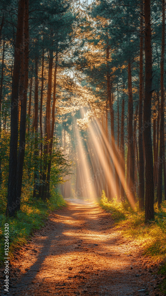 Fototapeta premium Sunlight streaming through the trees in the forest. Morning walk. For book covers, nature articles, meditative themes.
