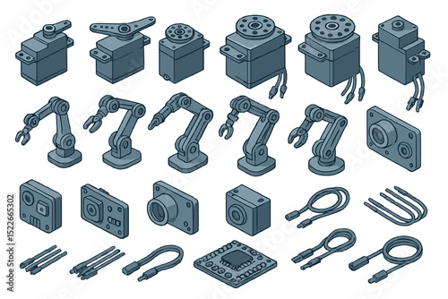 Isometric set of robotics parts including servo motors, arms, and sensors