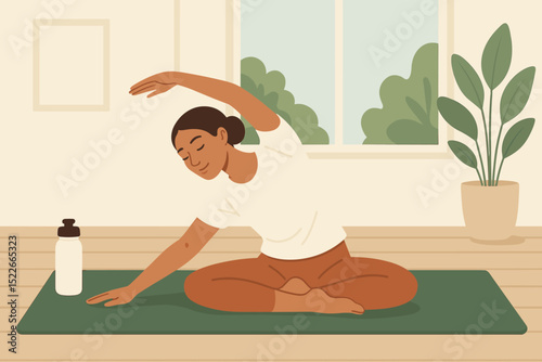Woman practicing yoga at home in a calming environment during a sunny day