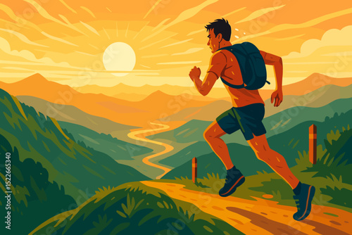 Person running along a mountain trail during sunset, enjoying nature and fitness in an outdoor landscape