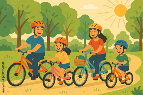 Family enjoys a sunny bike ride through a park surrounded by trees in a cheerful atmosphere