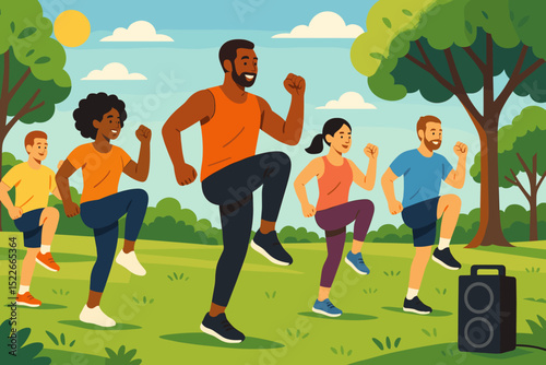 Outdoor fitness class in a sunny park with diverse participants enjoying exercise together