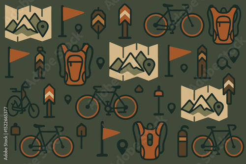 Exploring outdoor adventures with bicycles, maps, and gear in a vibrant illustrative design