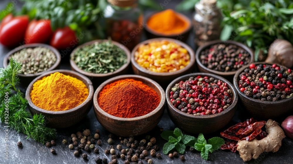 Fototapeta premium A variety of spices in wooden bowls. Useful for culinary articles and food advertising.