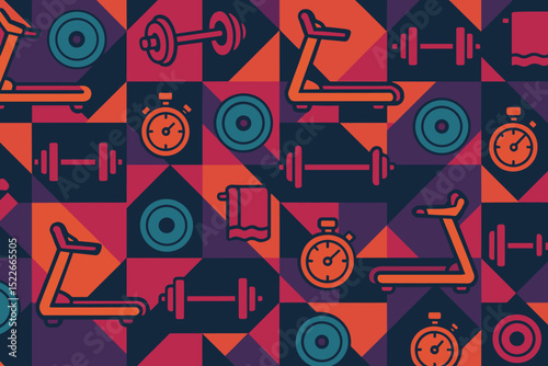 Seamless geometric fitness pattern with treadmills and dumbbells