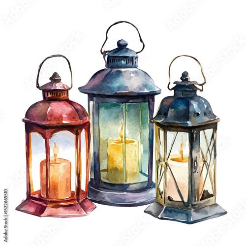 Outdoor Lanterns, watercolor drawing vector, high quality, isolated on a white background.