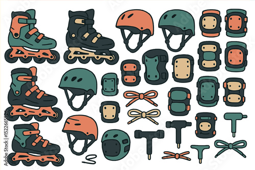 Collection of roller skating gear including skates, helmets, and protective pads for safe skating activities
