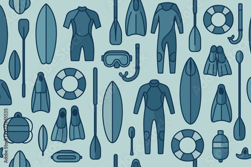 Seamless water sports gear pattern with wetsuits, boards, and snorkels