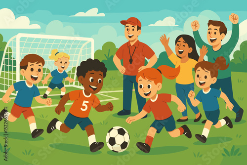 Kids playing soccer on a sunny day with friends cheering at a local park