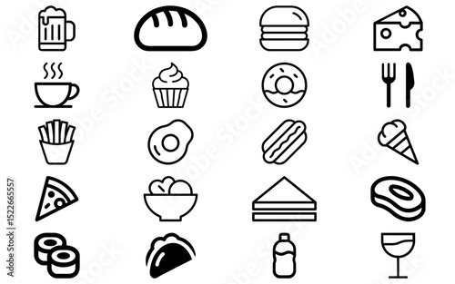 Food & Drink icons vector set. Fork, knife, plate, cup, bottle, chef hat, pizza, burger, coffee, and beverage symbols pack