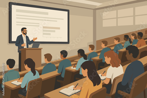 Professor giving lecture with bar chart in college classroom