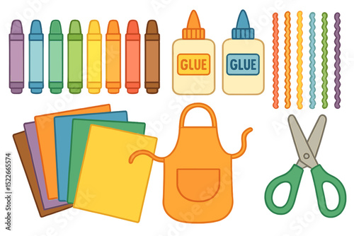 Colorful art supply set with crayons, glue, apron, and scissors