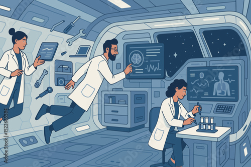 Scientists performing research in futuristic zero-gravity space lab
